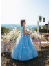 Blue Flower Appliques Long Fairytale Flower Girl Dress